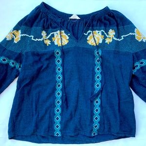 LUCKY BRAND Embroidered Boho Peasant Top